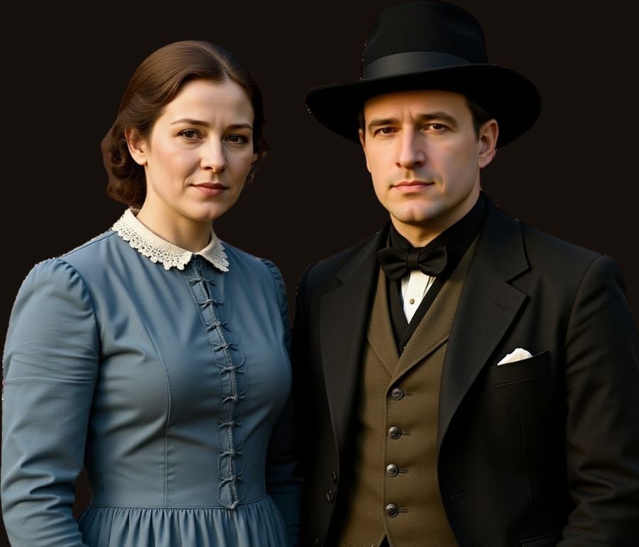 Eilley as a young woman, in a blue 1860s dress with a lace collar, beside Sandy Bowers in a black hat, bow tie and waistcoat.