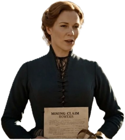 Eilley in a dark high-necked dress, holding a paper headed “Mining Claim, Bowers”.