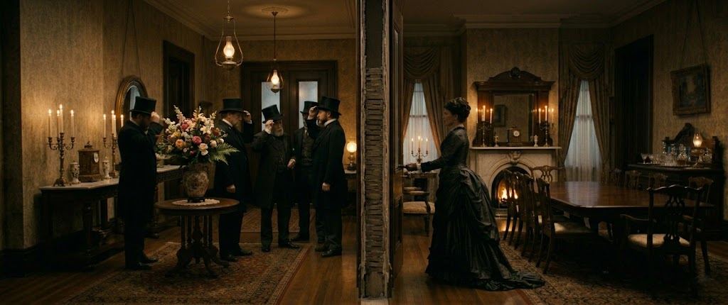 The men wait in Eilley's hall to claim her house and fortune.
