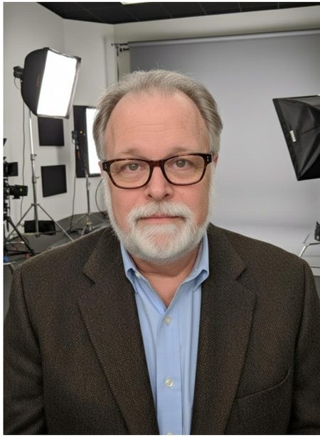 Michael Greene, with glasses and a white beard, in a brown jacket, in a film studio.