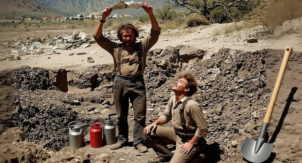 A miner stands in a trench holding up a lump of silver ore while his partner kneels beside him and looks up at it.