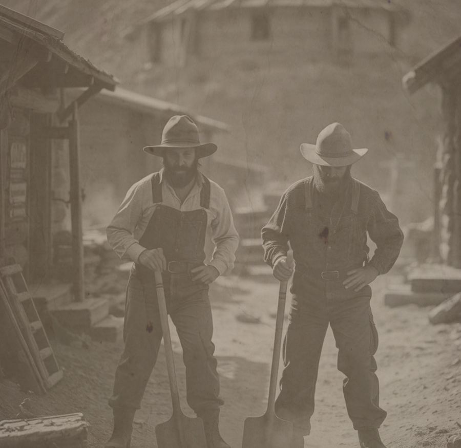 In the style of an old photograph: two bearded miners in hats and braces lean on their shovels in a mining-camp street.