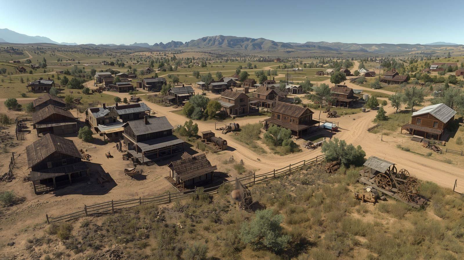 A mining town of timber buildings, wagons and dirt roads spread across a dry Nevada valley, with mountains beyond.