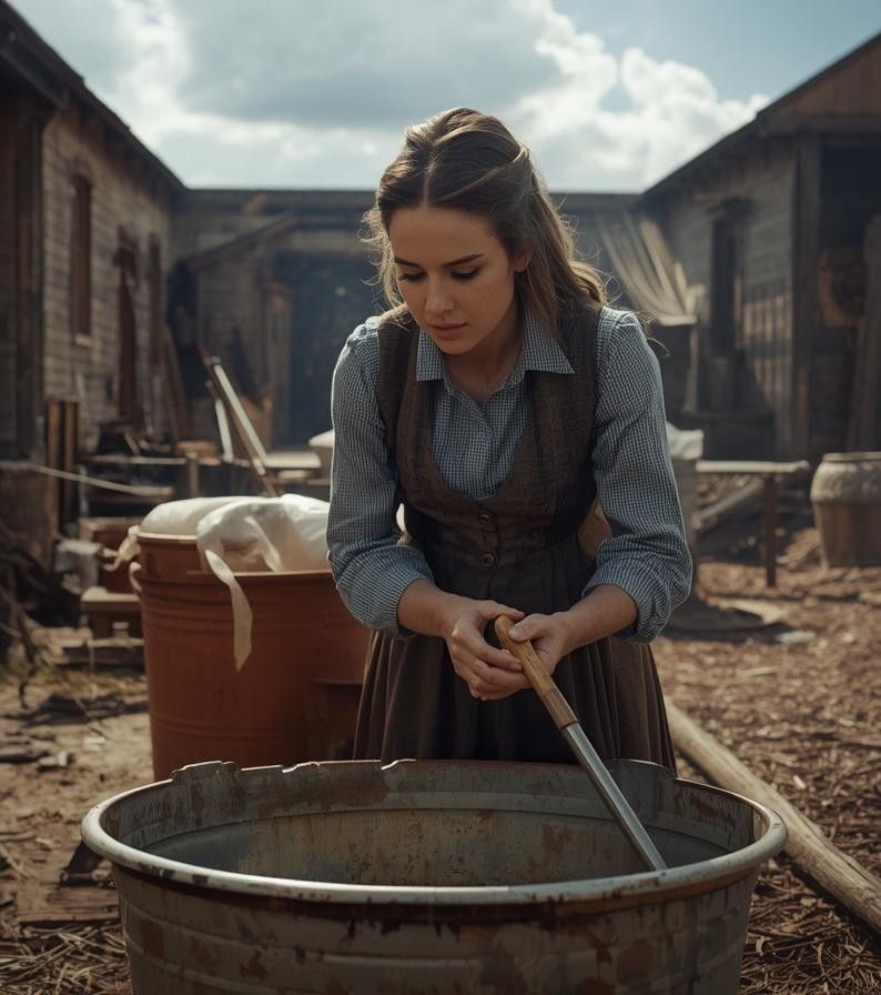 A young woman in a brown dress and grey-blue blouse works a pole in a washtub in a mining-camp yard.